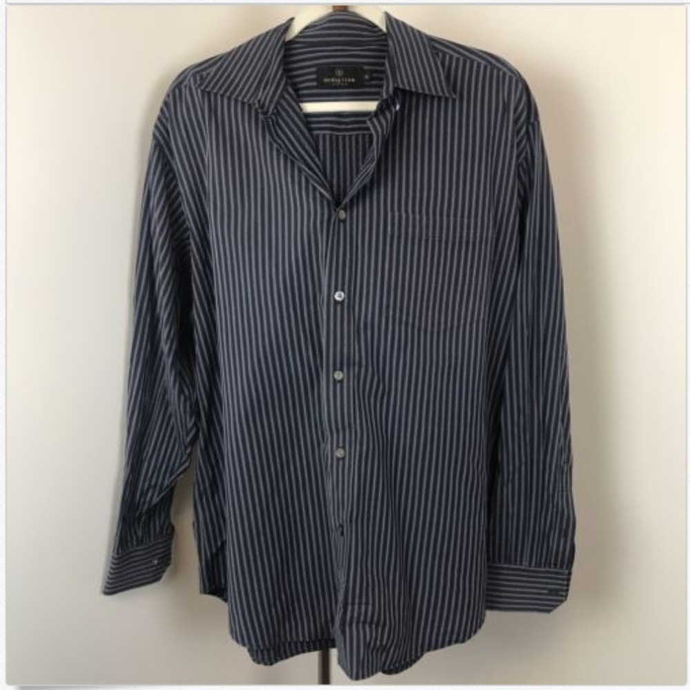 Bugatchi XL Black Blue Striped Dress Shirt Button